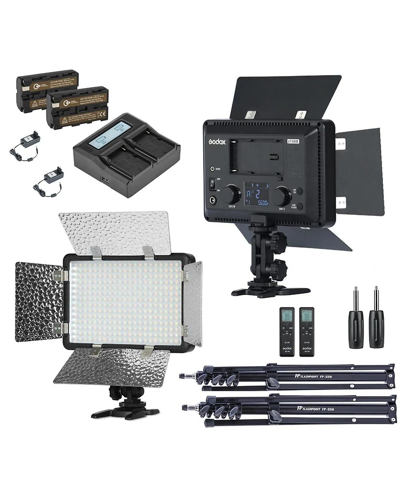 Godox LF308BI 2-Light Variable Color Led Video Light with Flash Sync Kit, Includes Light Stands and Battery