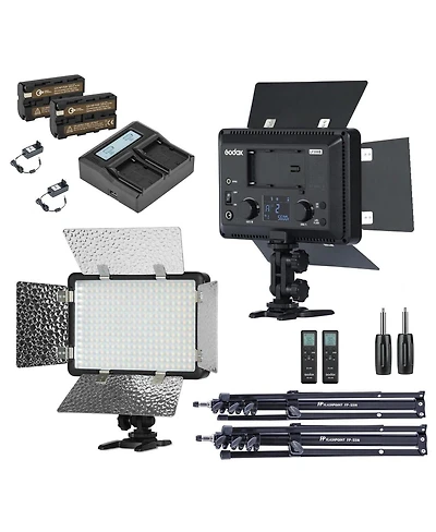 Godox LF308BI 2-Light Variable Color Led Video Light with Flash Sync Kit, Includes Light Stands and Battery