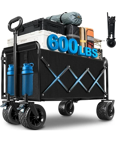 Mountaintop Collapsible Foldable Wagon Cart with All-Terrain Wheels, 360 Lbs Load, 2 Cup Holders, Portable Black Wagon for Beach, Camp and Garden