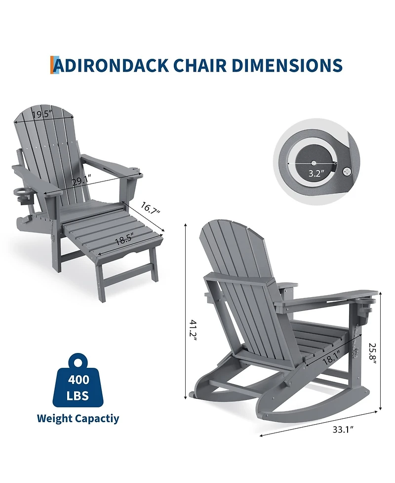 homfan Set of 4 Folding Adirondack Rocking Chairs with Footrest Outdoor Rocking Chair with Retractable Ottoman and Cup Holder for Patio or Garden