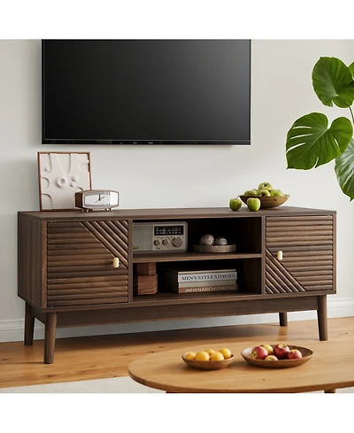 Boyel Living 43.3" Mid-Century Modern Tv Stand for 32-45 Inch TVs, Walnut Entertainment Center with Grille Doors and Storage Media Console Table
