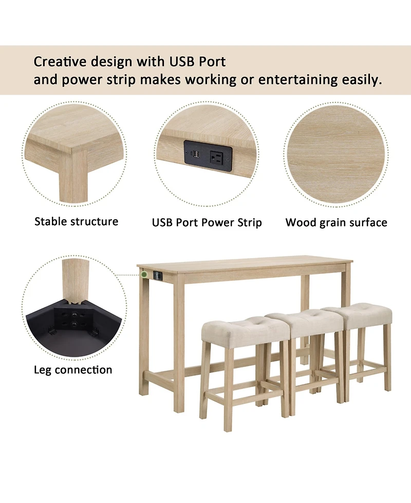 Flynama 4-Piece Bar Table Set with Power Outlet, 3 Stools for Sofa Behind and Living Room