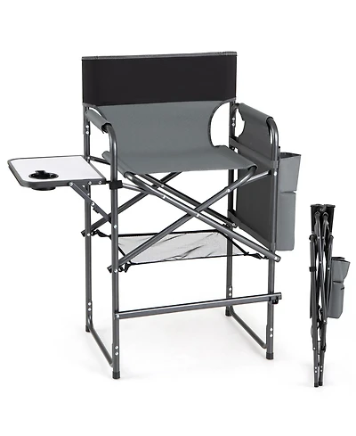 Gymax 26'' Folding Tall Director Chair with Side Table Cup Holders Storage Pockets