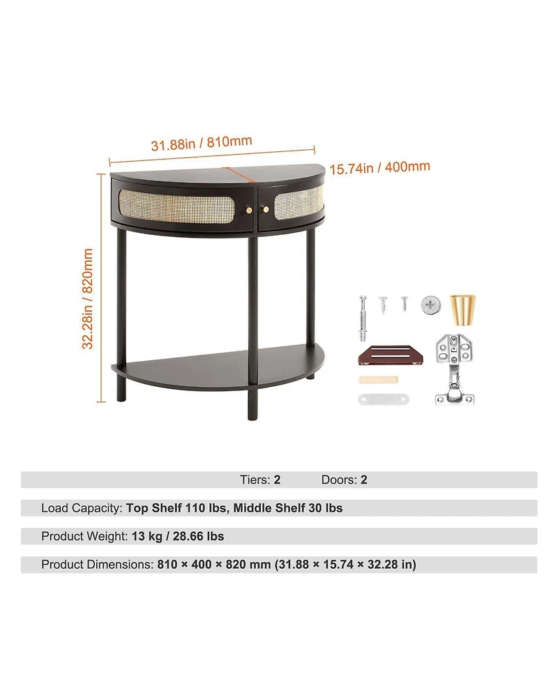 Slickblue Half Circle Console Table with Rattan Door, 2 Drawers, Accent Storage Table for Entryway