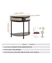 Slickblue Half Circle Console Table with Rattan Door, 2 Drawers, Accent Storage Table for Entryway