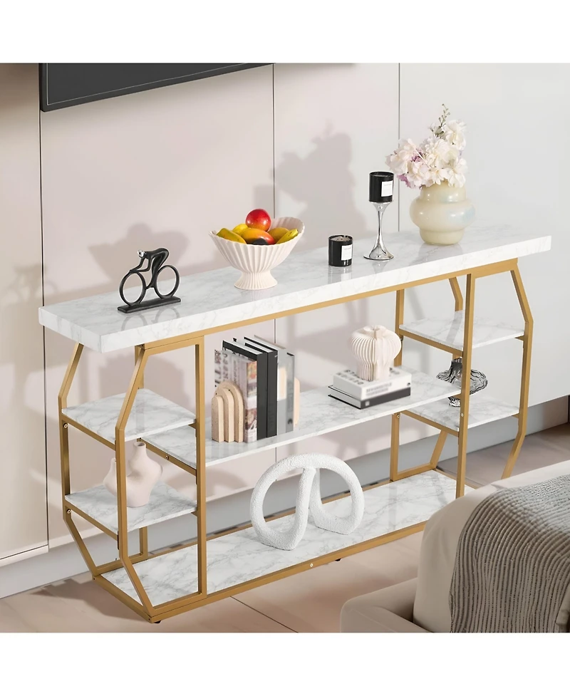Slickblue Geometric Console Table with Marble Shelves, 3-Tier Open Storage Table for Hallway and Foyer