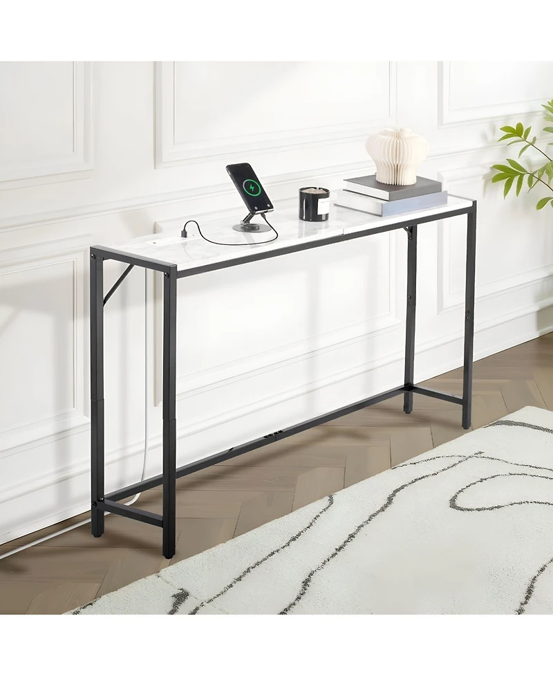 Slickblue Slim Marble Console Sofa Table with Charging Station, Triangular Support, Entryway Furniture