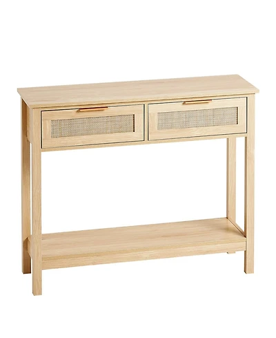 Slickblue Rattan Accent Console Table with Drawers, Stylish Entryway Storage Table for Home Decor Spaces-Wood Color