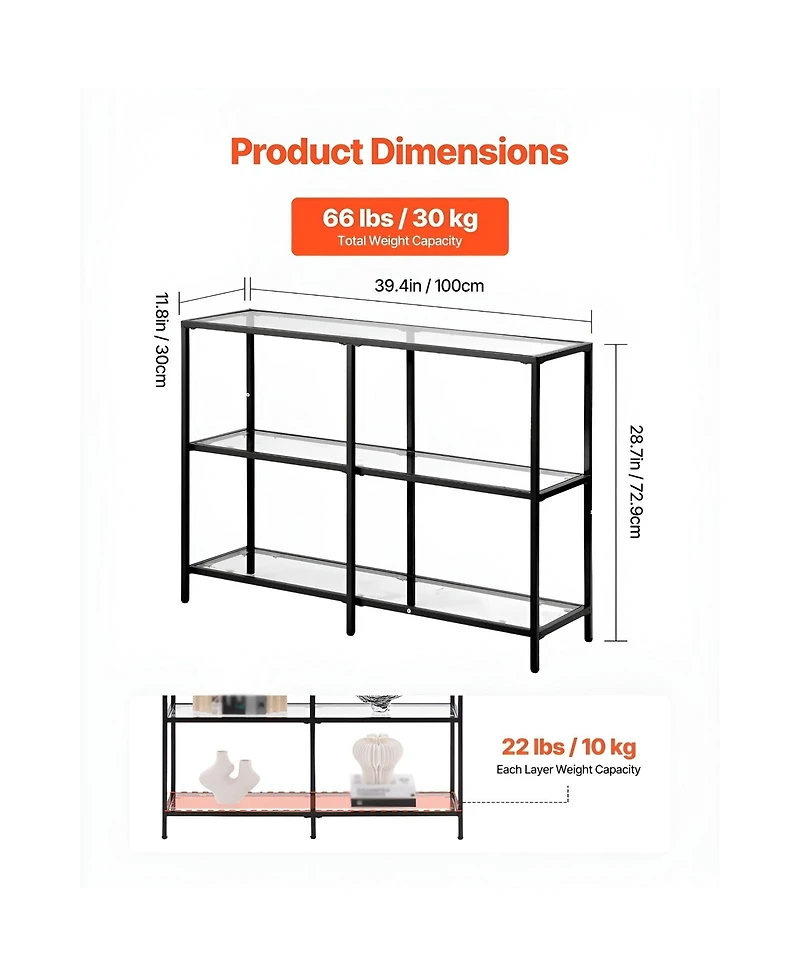 Slickblue Tempered Glass Console Table with 3-Tier Storage Shelves, Contemporary Sofa Table for Living Room