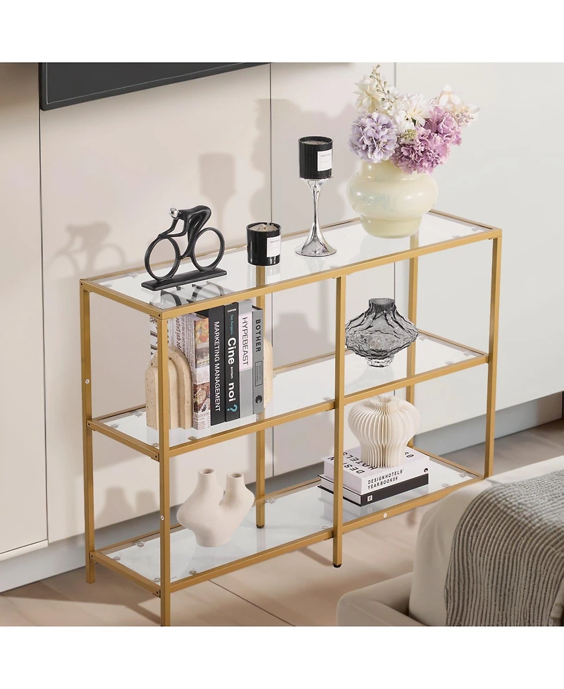 Slickblue Modern Rectangle Console Table with Glass Shelves and Iron Frame, Entryway Sofa Table for Home