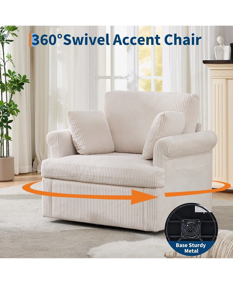 homfan Mid Century 360 degrees Swivel Armchair with 2 Pillows,Modern Chair Corduroy Ergonomic Lounge Reading Chairs