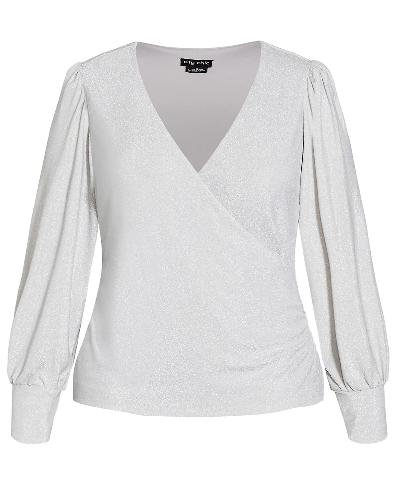 City Chic Plus Glowing Lurex Long-Sleeve V-Neck Faux-Wrap Blouse