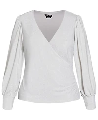 City Chic Plus Glowing Lurex Long-Sleeve V-Neck Faux-Wrap Blouse