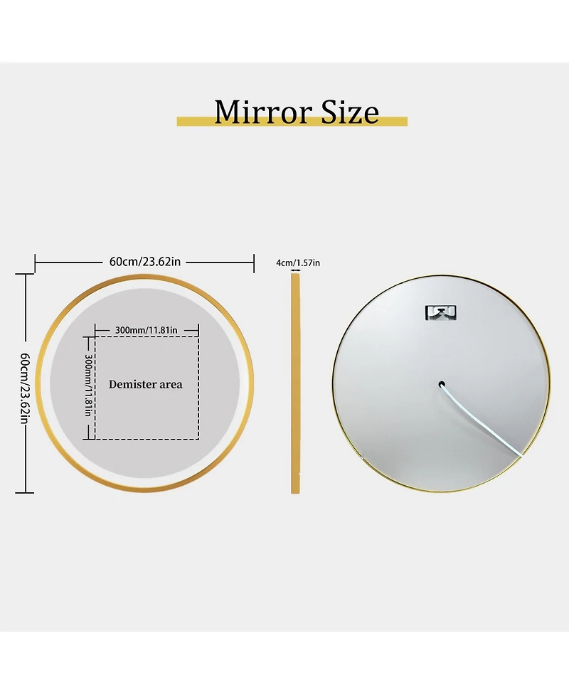 Luvodi 24" Round Metal Framed Lighted Mirror Anti-Fog for Bathroom