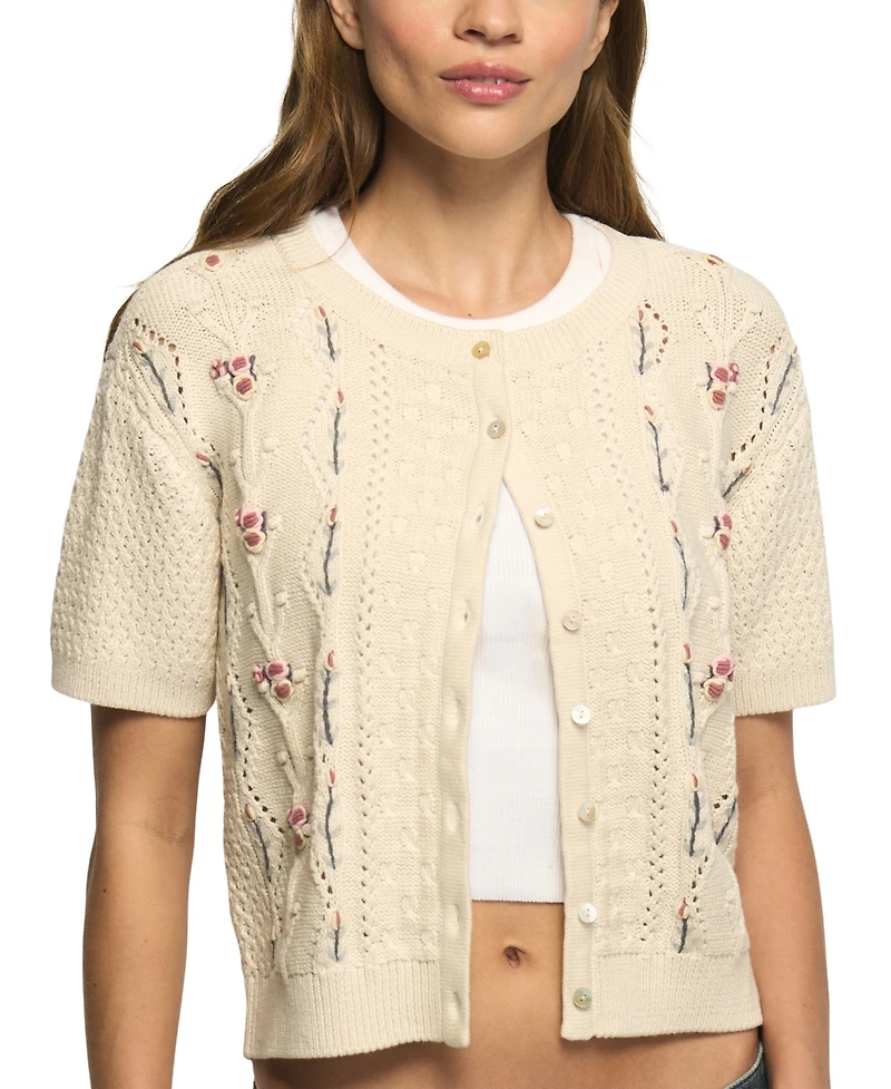 Lucky Brand Women's Rosette Button Up Short-Sleeve Cable-Knit Crop Cardigan