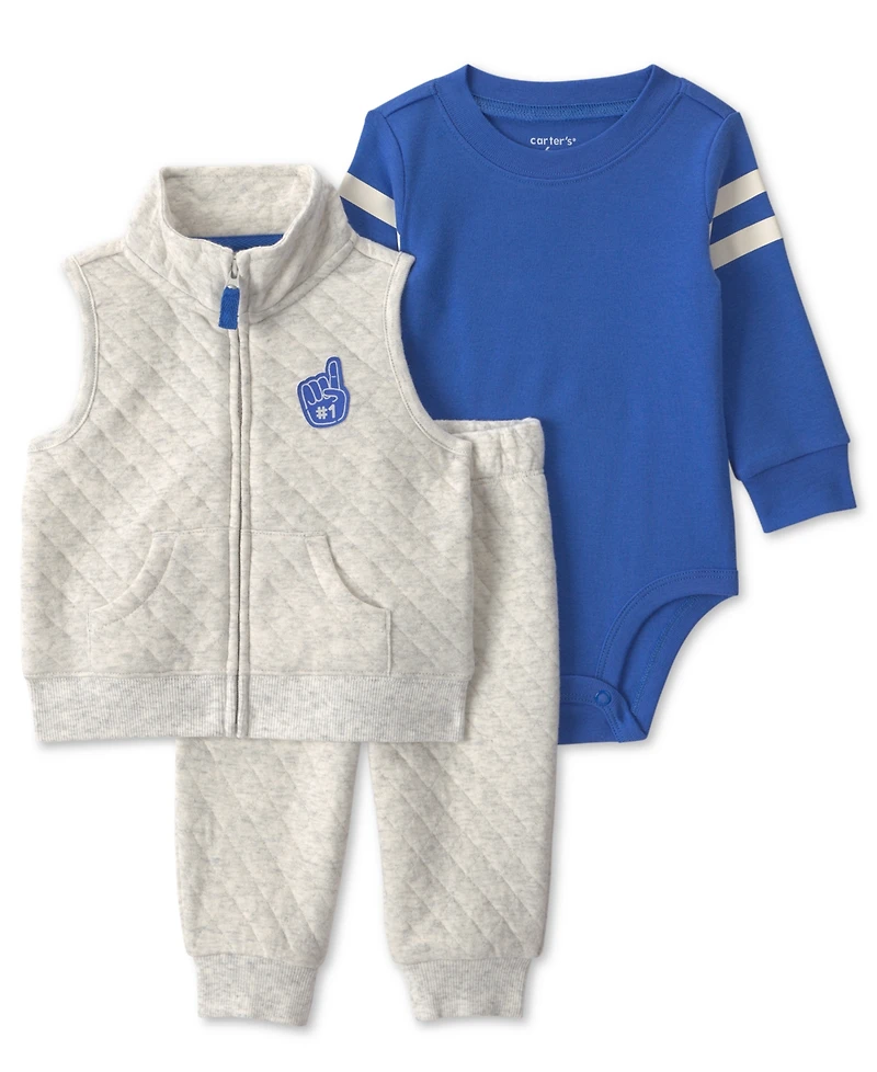 Carter's Baby Boys' Full-Zip Varsity Quilted Vest, Bodysuit and Pants, 3-Piece Set