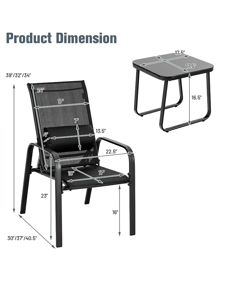 Gymax 3Piece Outdoor Bistro Set Patio Conversation with Adjustable Backrest
