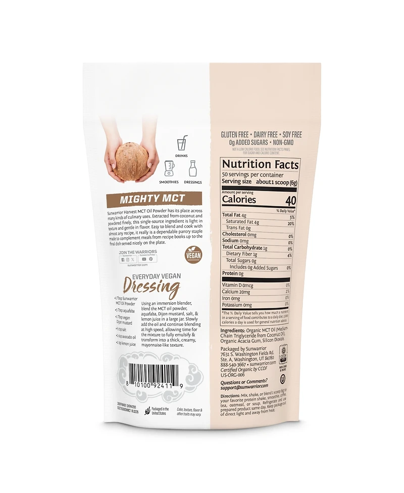 Sunwarrior Harvest Mct Oil Powder Coconut Derived Medium Chain Triglycerides, Non-gmo 300 Gram Pouch