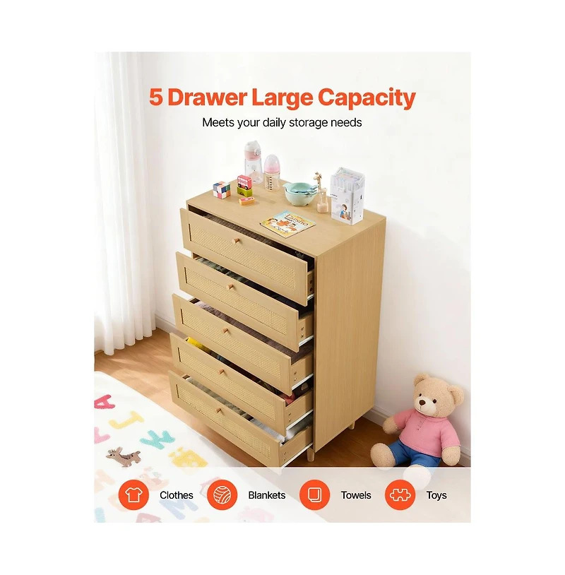 Slickblue 5 Drawer Rattan Dresser with Storage for Bedroom and Hallway