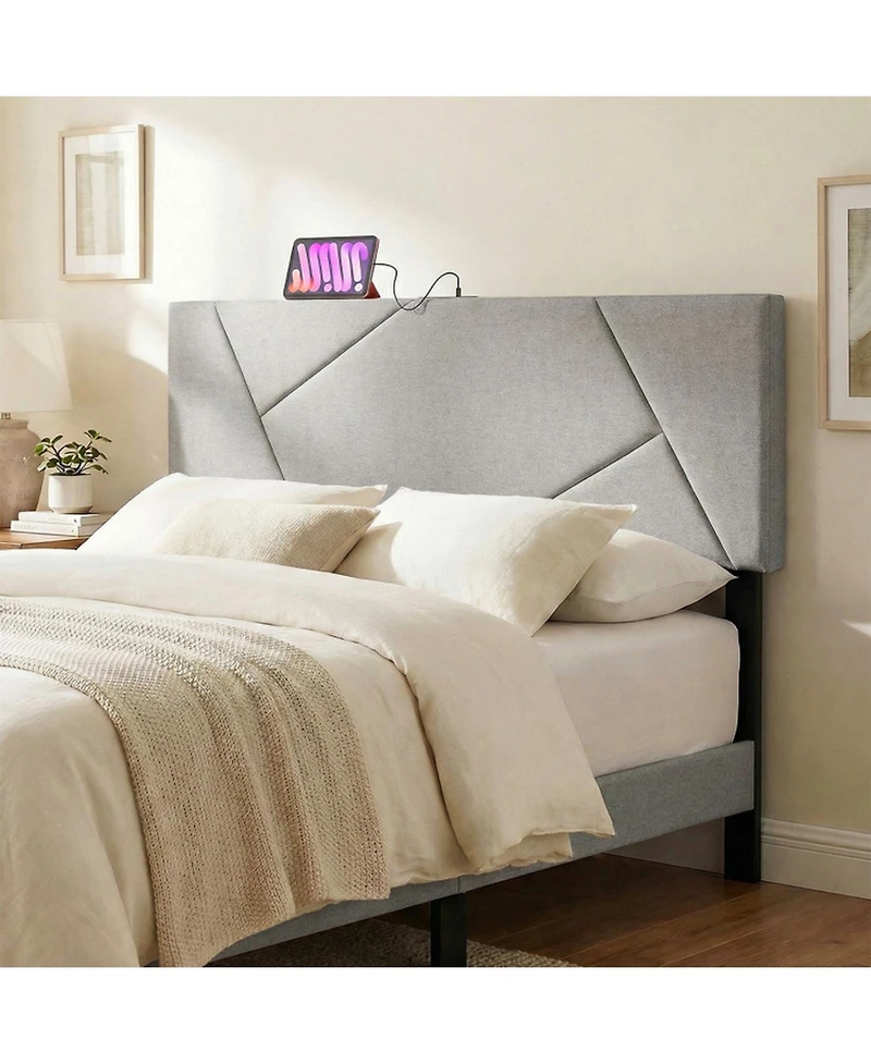 Sugift Geometric Upholstered Headboard for Full and Queen Size Bed with Charging Station