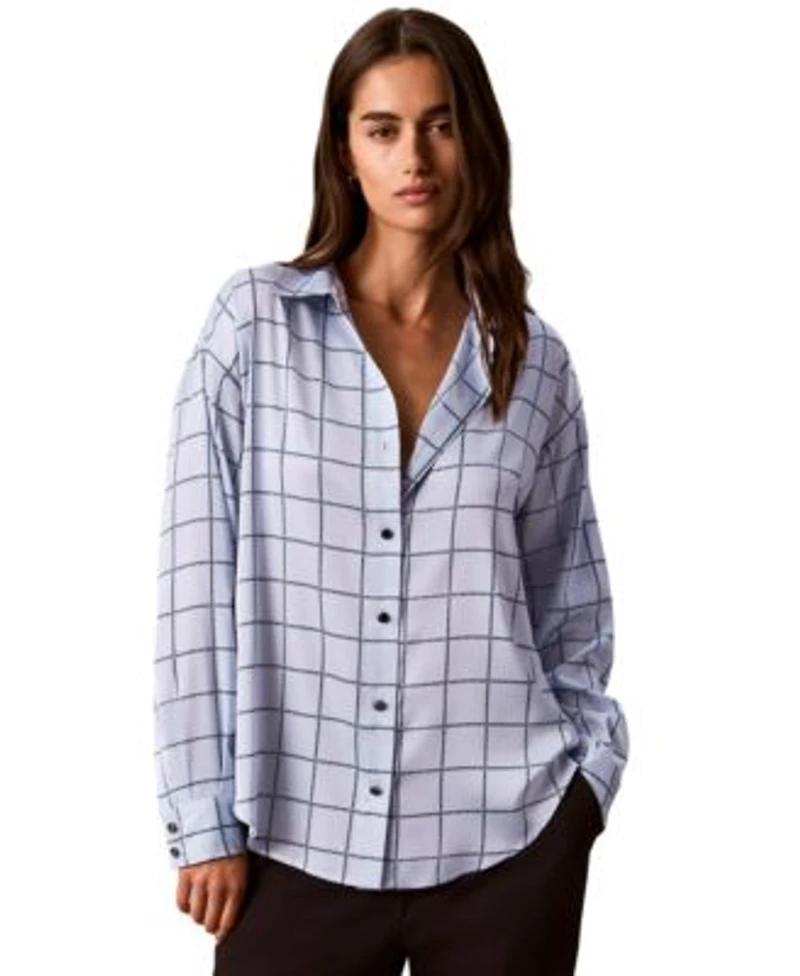 Calvin Klein Womens Plaid Long Sleeve Button Up Shirt