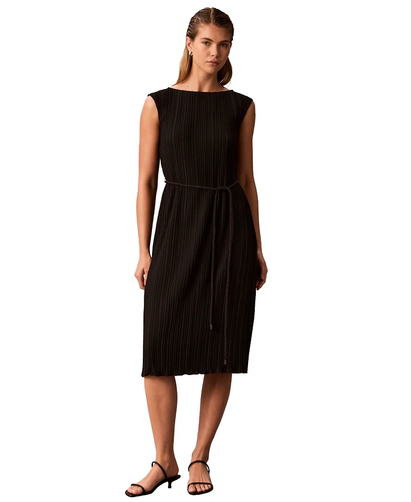 Calvin Klein Women's Belted Pleated Boat Neck Midi Dress