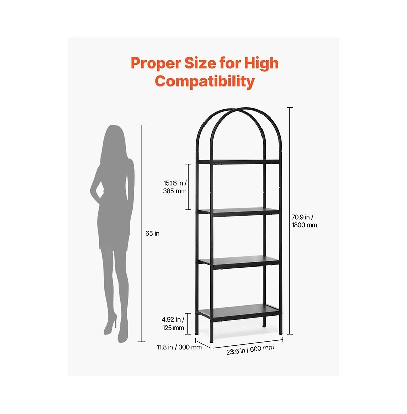 Slickblue Arched Bookshelf with 4 Tiers for Living Room Bedroom Office