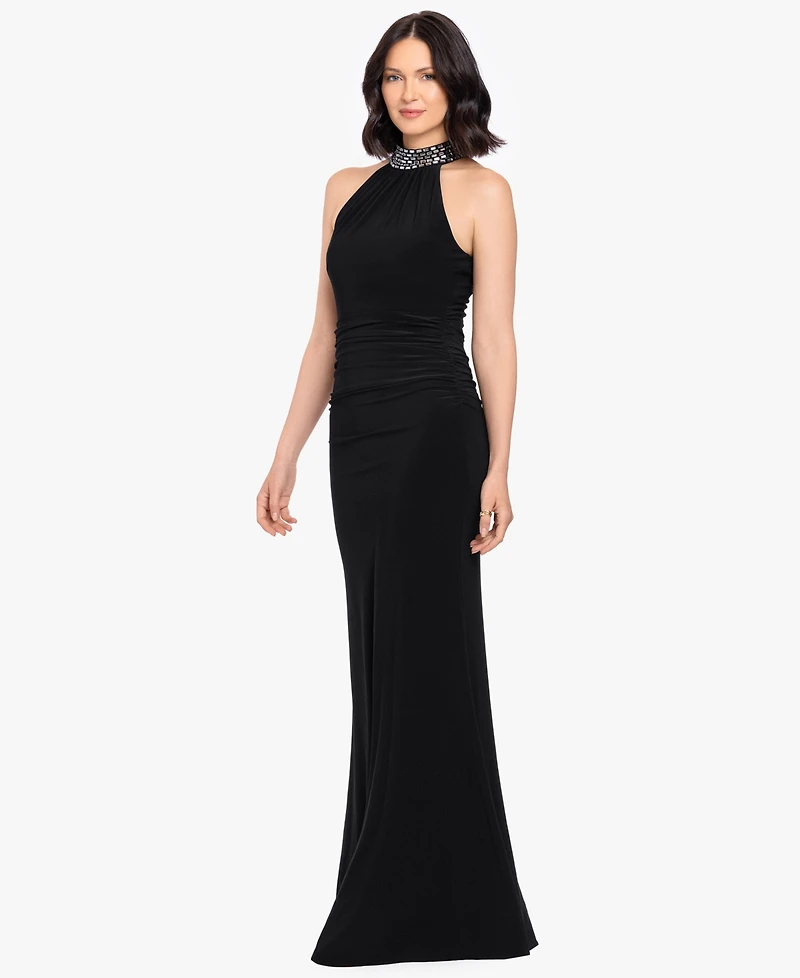 Betsy & Adam Petite Beaded Mock Neck Sleeveless Gown