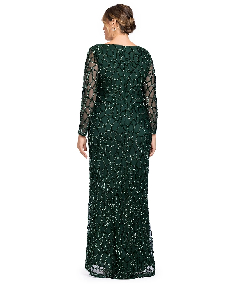 Betsy & Adam Plus Long-Sleeve Sequin Gown