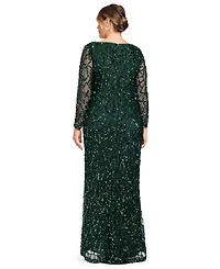 Betsy & Adam Plus Long-Sleeve Sequin Gown