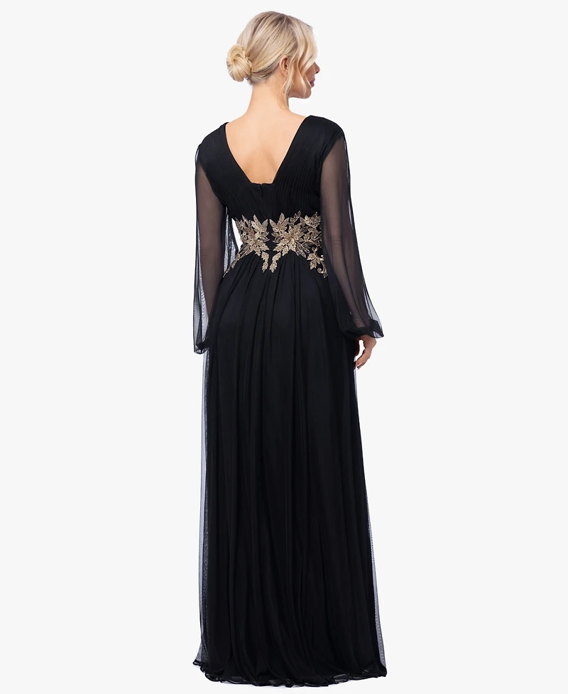 Betsy & Adam Plus Floral-Applique Long-Sleeve V-Neck Gown