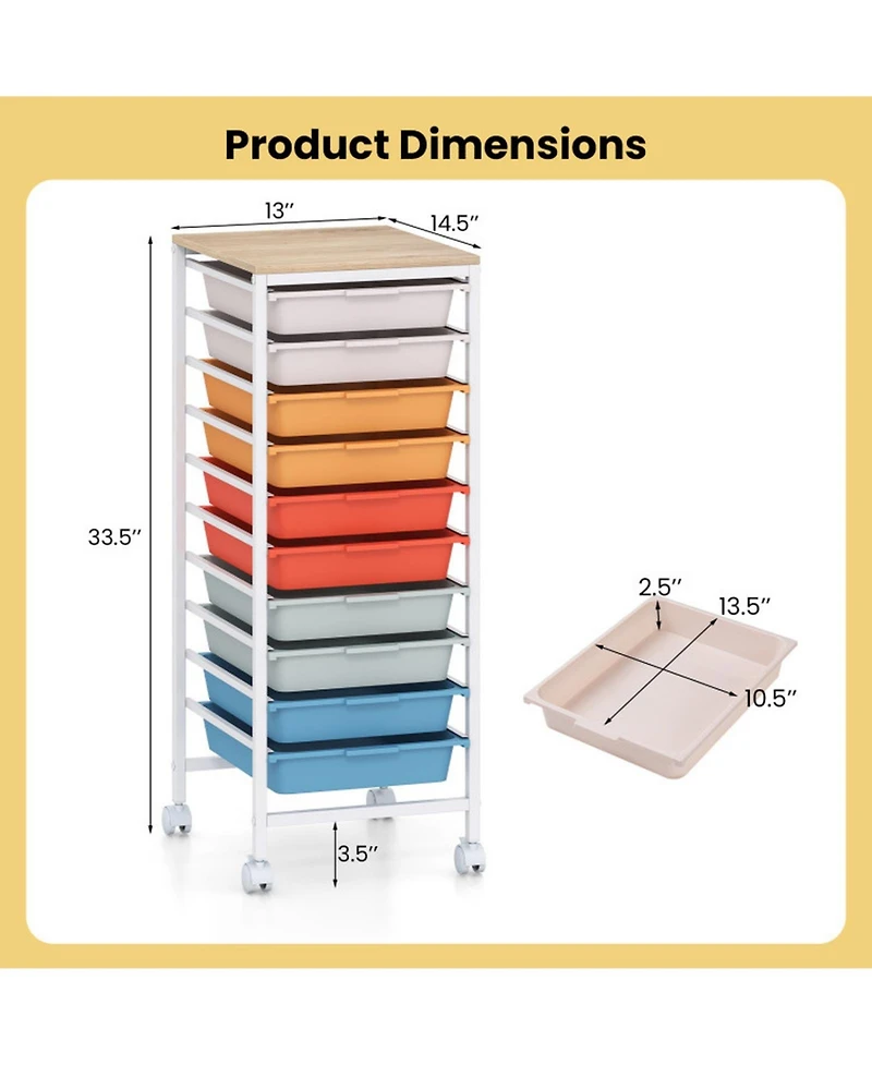 Sugift 10-Drawer Rolling Storage Cart Utility Organizer with Wooden Tabletop and Lockable Wheels