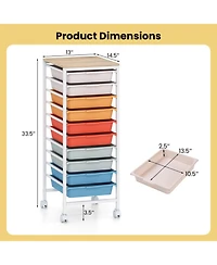 Sugift 10-Drawer Rolling Storage Cart Utility Organizer with Wooden Tabletop and Lockable Wheels