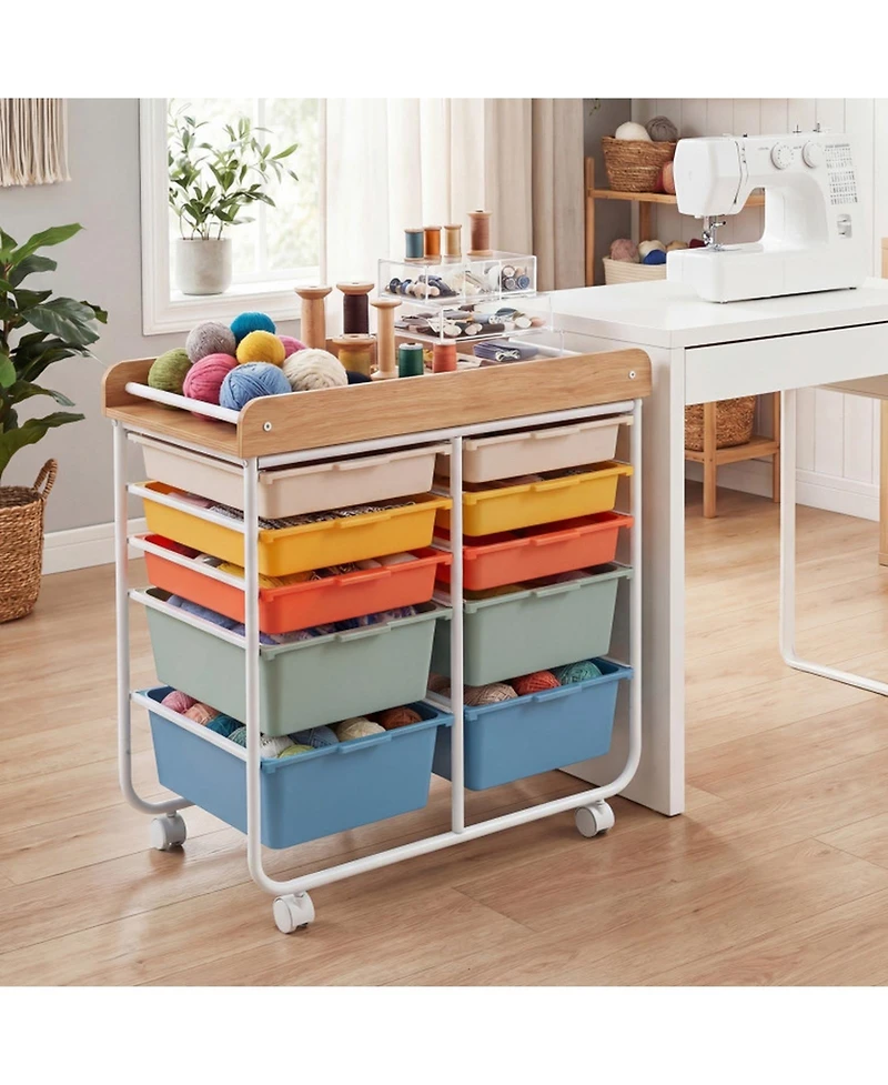 Sugift 10-Drawer Rolling Storage Cart with Wooden Tabletop and Lockable Wheels for Office