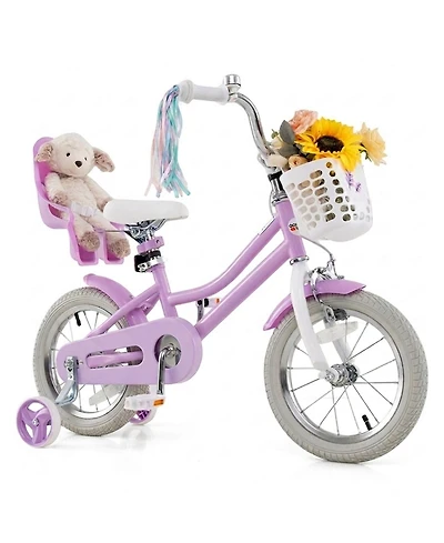 Hongge 14-Inch Girls Bike with Doll Seat, Dual Brake System & Training Wheels, Ages 3-5
