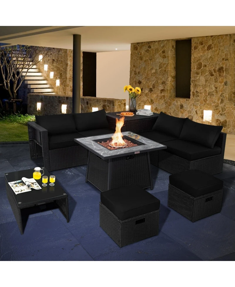 Gouun 9 Piece Outdoor Wicker Sectional Conversation Set with 35 50000 Btu Gas Fire Pit Table