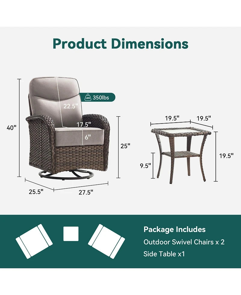 Pocassy 3-Piece Wicker Patio Furniture Set with Thick Cushions, Outdoor Swivel Rocker Chairs High Back, Deep Seating for Deck, Porch Use