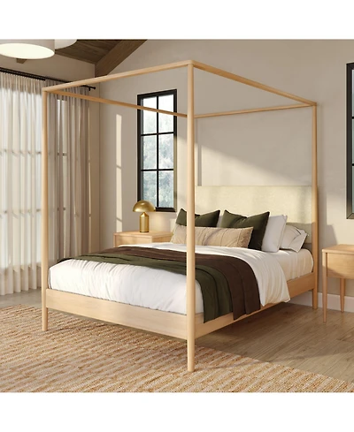 Plank+Beam Harbor Full Canopy Bed with Upholstered Headboard, Swiss Coffee