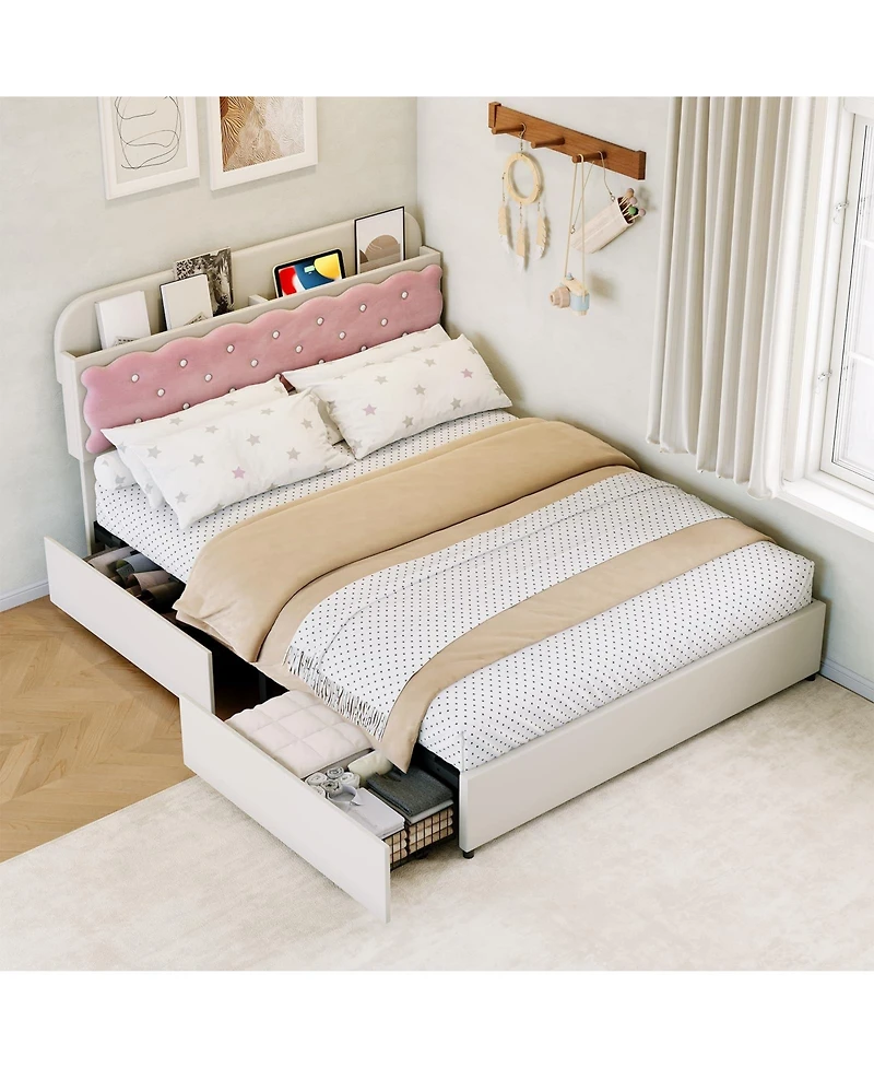 homfan Sandwich Cookie Style Princess Bed Frame, Upholstered with Storage Headboard and 2 Drawers, No Box Spring Needed