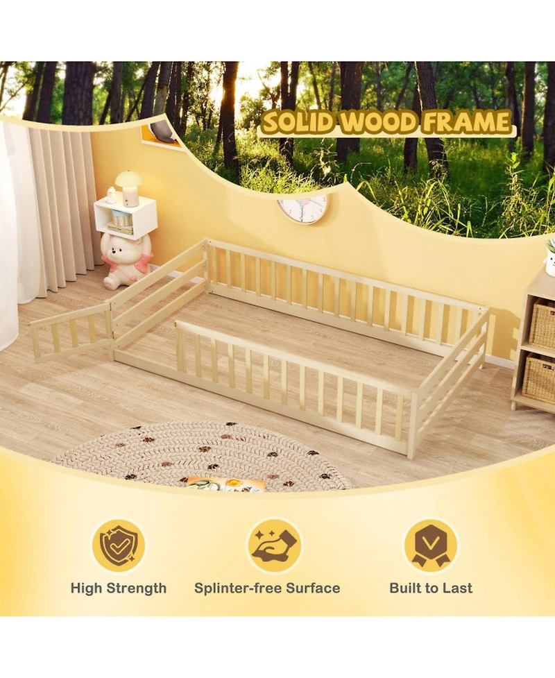 Sugift Twin Size Kids Montessori Floor Bed with Door and Fence