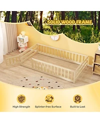 Sugift Twin Size Kids Montessori Floor Bed with Door and Fence