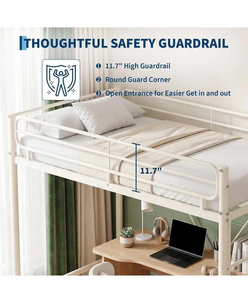 homfan Heavy Duty Twin Loft Bed, Metal Frame with 11.7" Guardrail, Space-Saving Underbed Workspace, 450 lbs Capacity, No Box Spring Needed