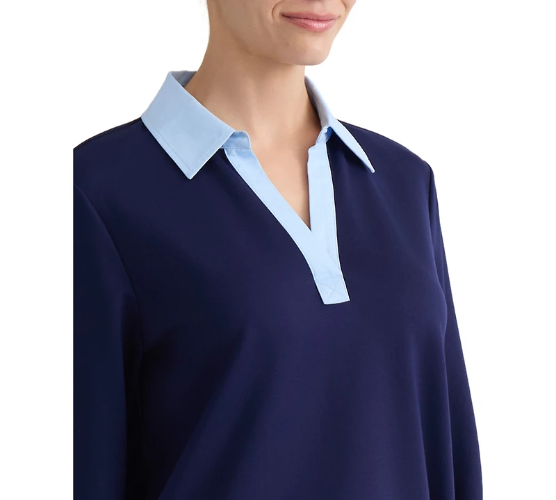 Jones New York Petite Long-Sleeve Collared V-Neck Blouse