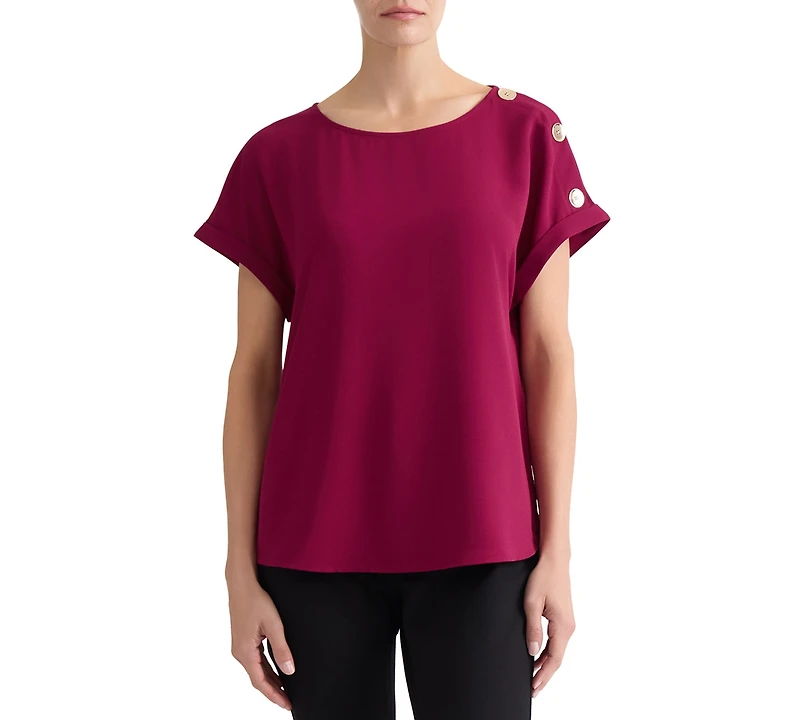 Jones New York Petite Shoulder-Button-Detail Short-Sleeve Boat-Neck Blouse