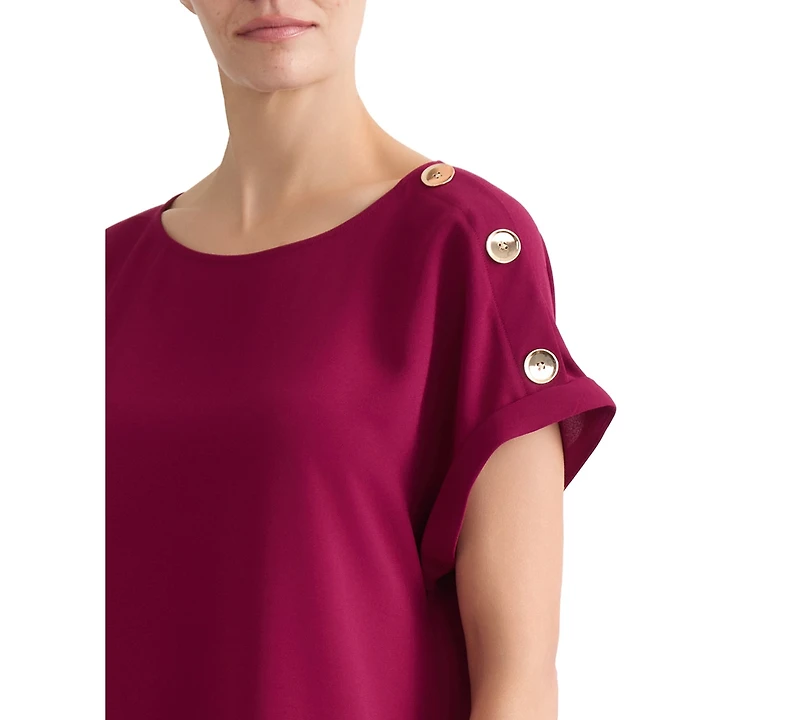 Jones New York Petite Shoulder-Button-Detail Short-Sleeve Boat-Neck Blouse