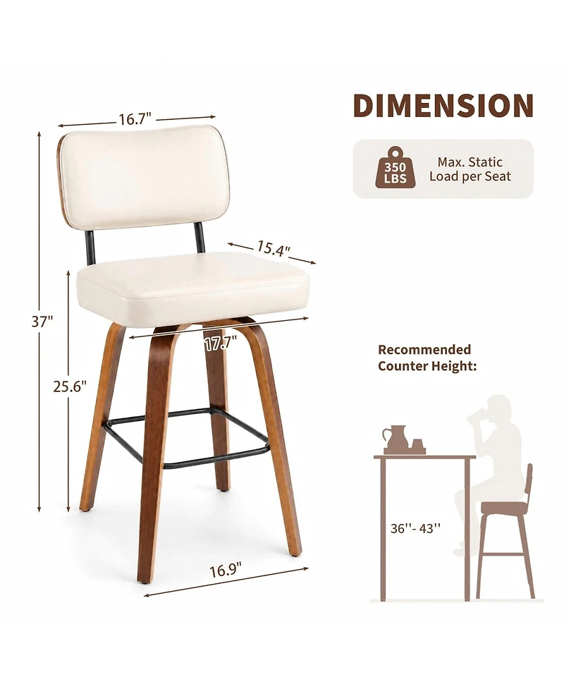 homfan Set of 4 26" Beige Faux Leather Swivel Counter Stools with Back and Bentwood Legs