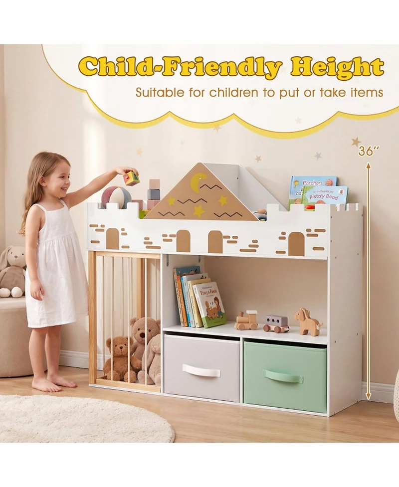 Sugift Kids 4-in-1 Castle Toy Organizer with Plush Storage and Open Shelves