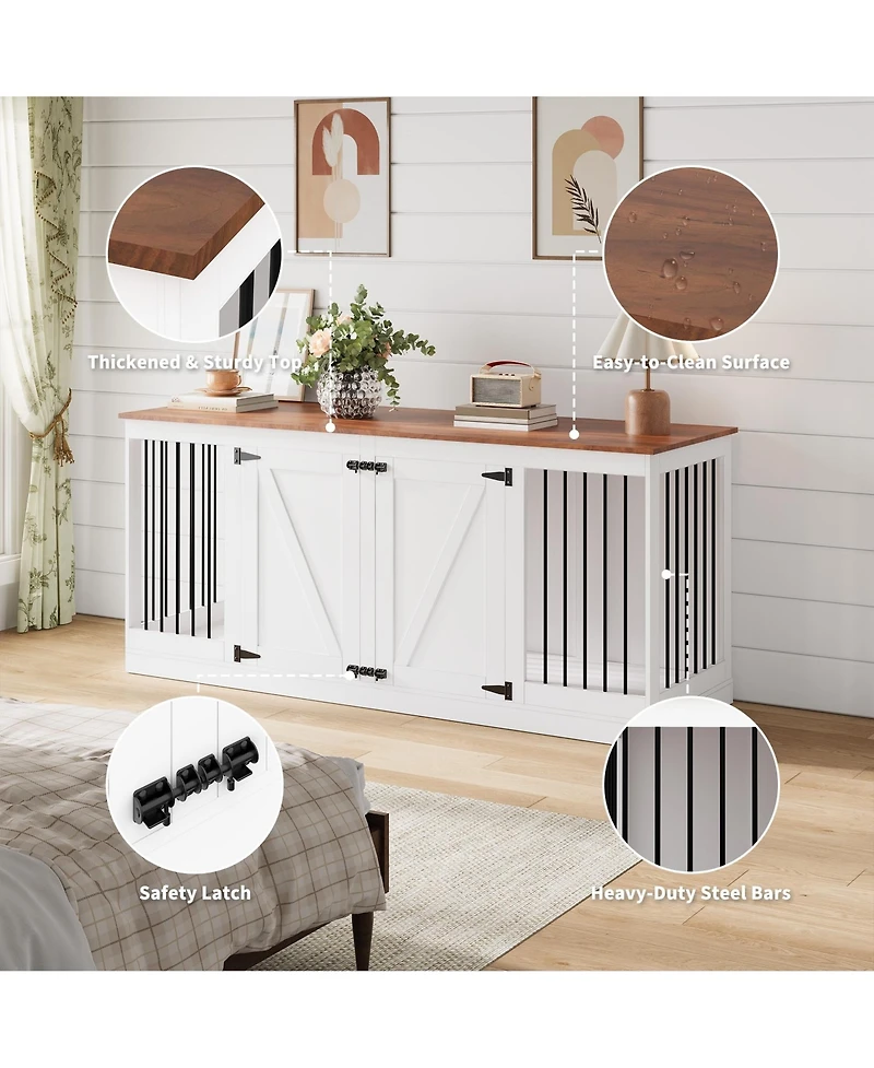 homfan 70.8" Dog Crate Furniture for Dogs, Farmhouse Dog Crate Tv Stand with Removable Divider, Heavy Duty Dog Kennel with Reinforced Steel Bars