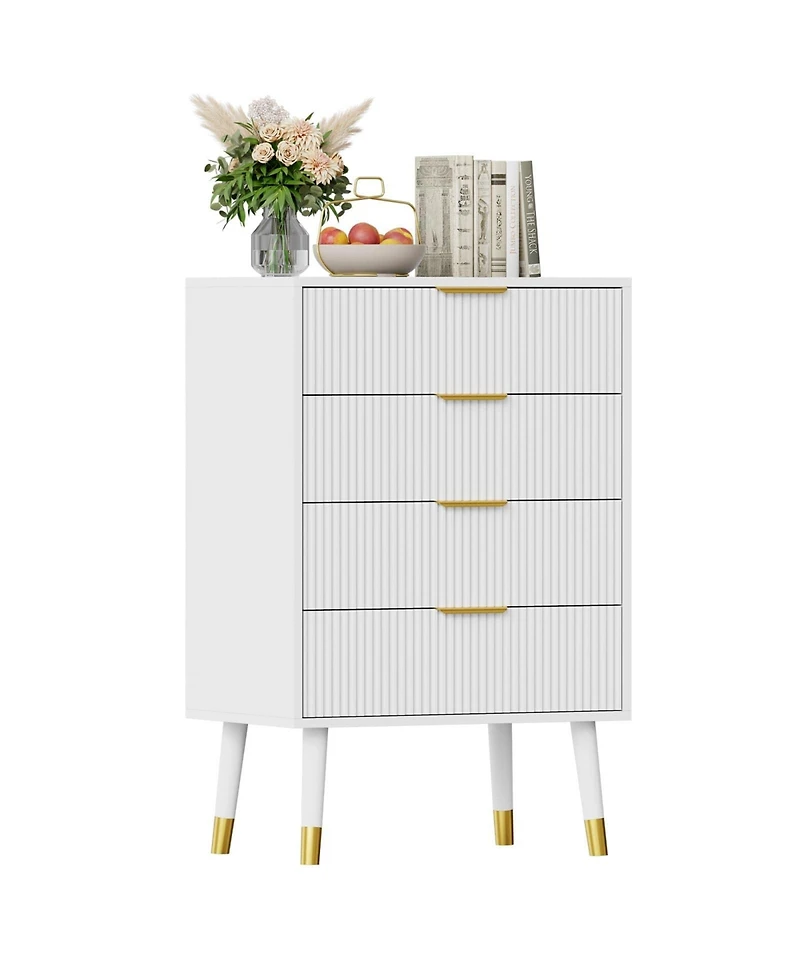 homfan Modern Fluted Storage Nightstands, 4-Drawer Compact Bedroom Side Tables with Metallic Pull Handles, Multi-Purpose Accent Furniture for Indoor