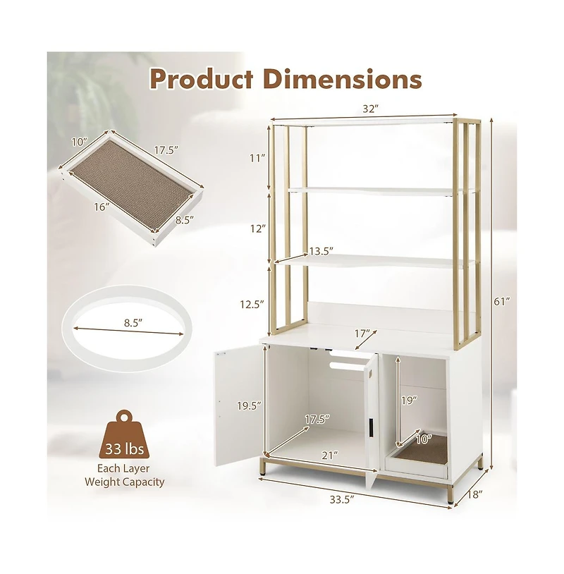 Ruie Cat Litter Box Enclosure 61 in Tall Hidden Litter Cabinet with 3 Tier Shelves